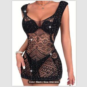 Women's One Size Black Hollow Out Rhinestone Bodycon Mini Dress